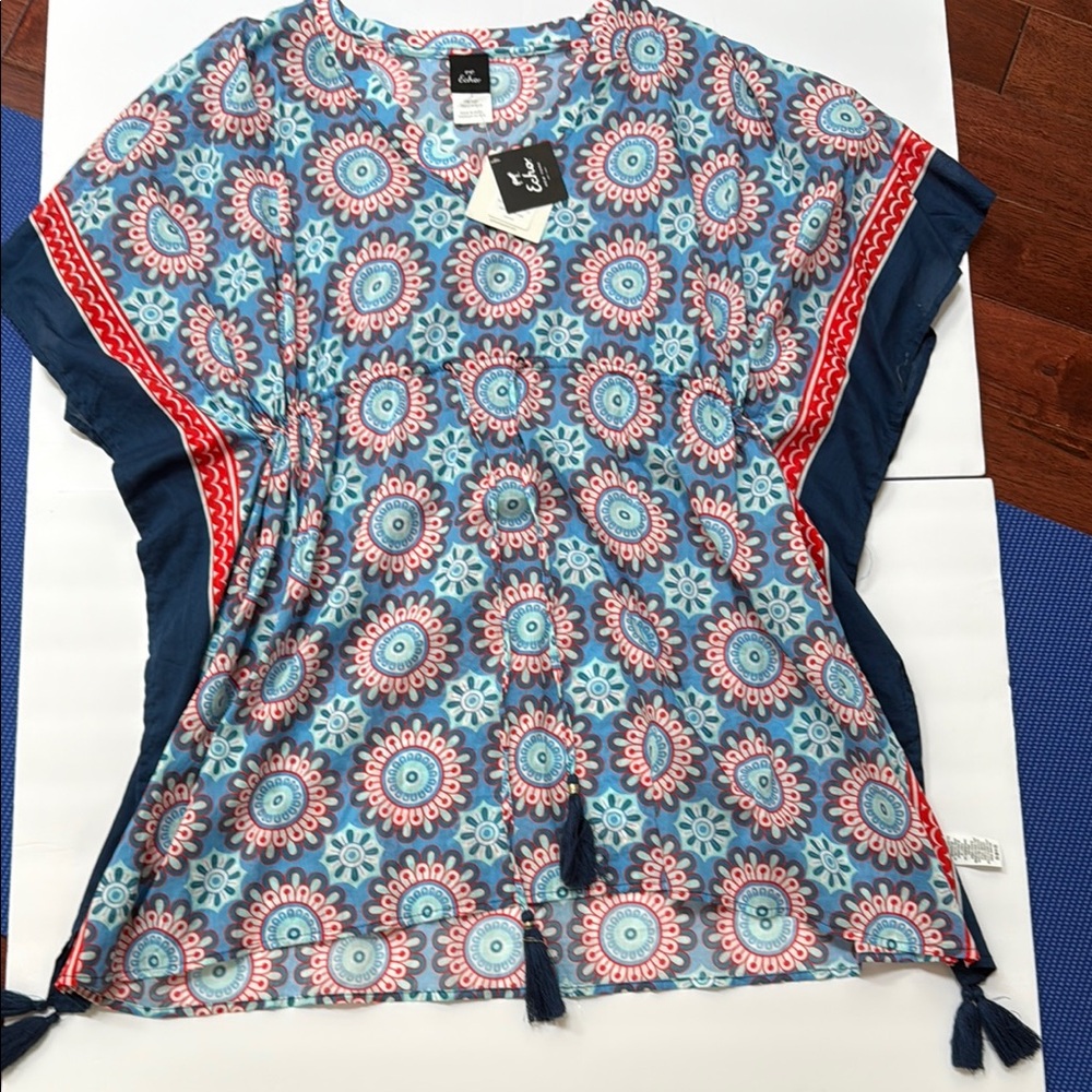 Echo Blue and Red Short Sleeve Swim Coverup